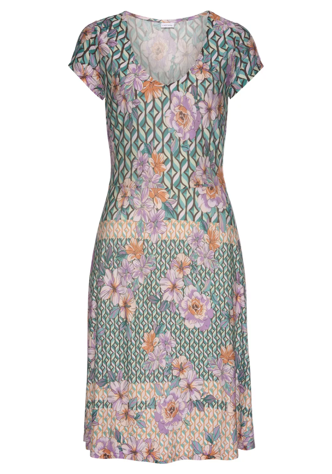 LASCANA Sommerkleid mit V-Ausschnitt im Alloverprint, luftiges Strandkleid, günstig online kaufen