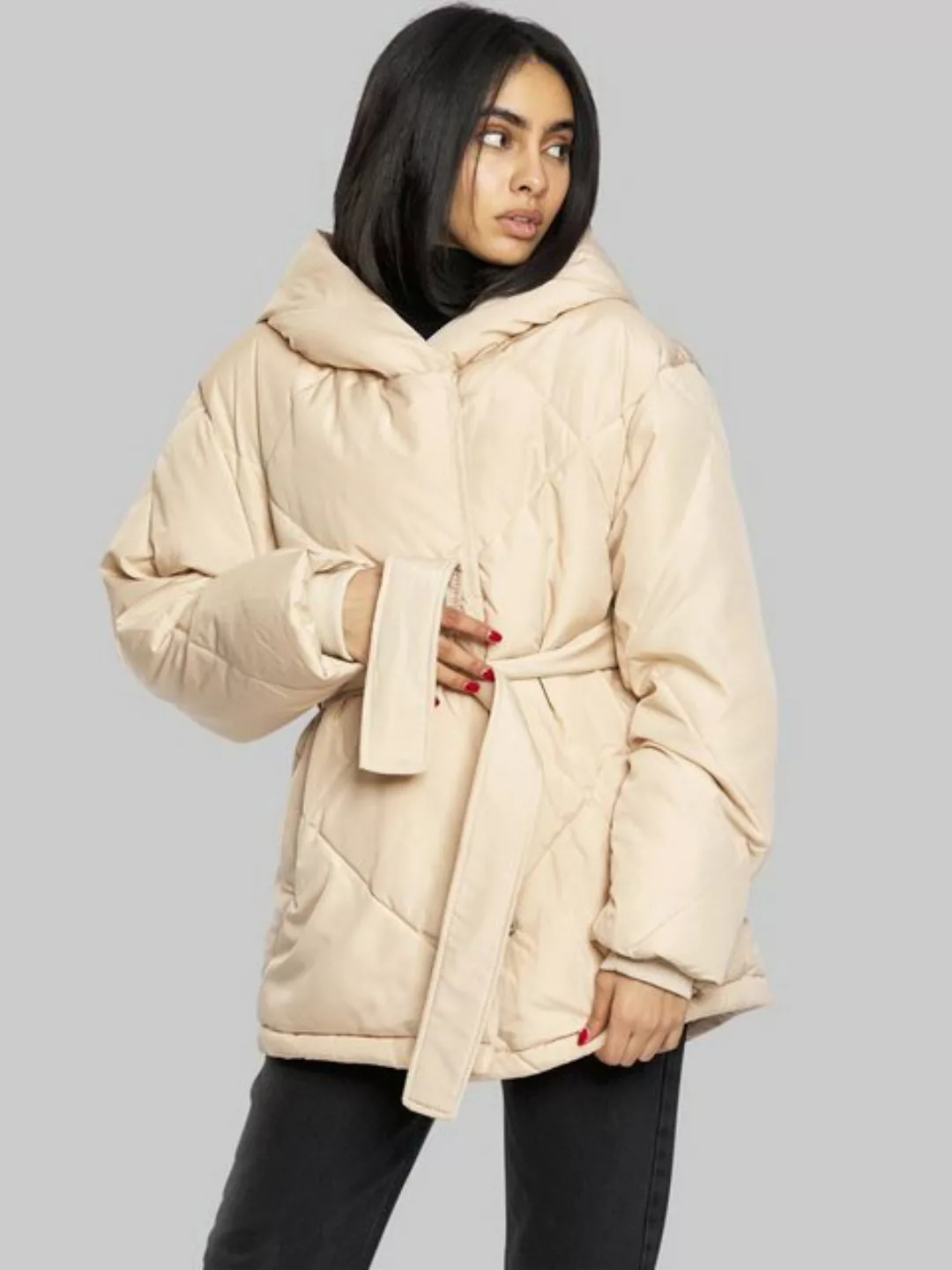 Freshlions Daunenjacke Puffer Jacke mit Bindegurt beige SM günstig online kaufen