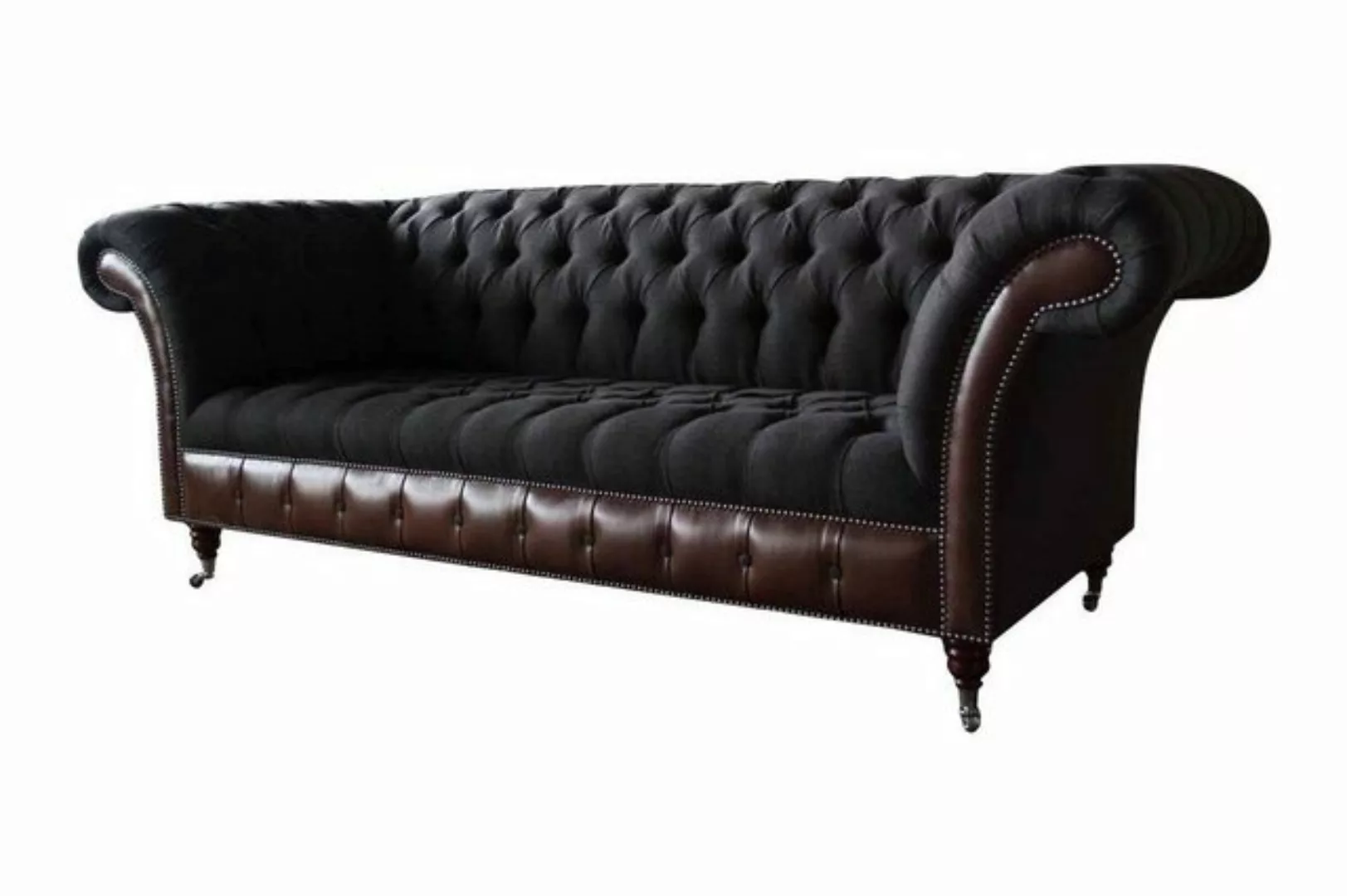 Xlmoebel Sofa Chesterfield 3-Platz Sofa Ledersitz Polsterstoff Schwarz Neu, günstig online kaufen