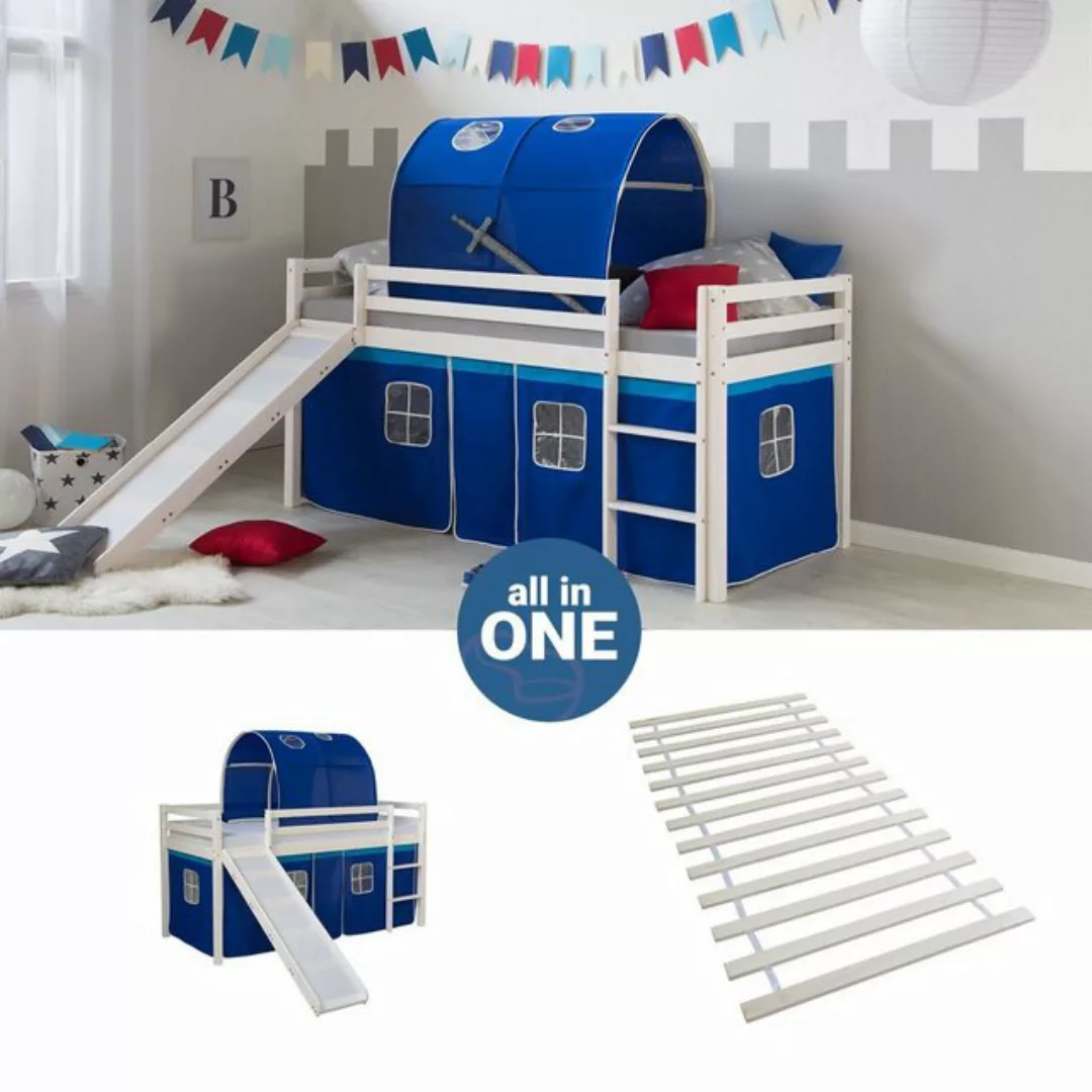 Homestyle4u Hochbett Kinderbett Matratze Rutsche Turm Blau Tunnel günstig online kaufen