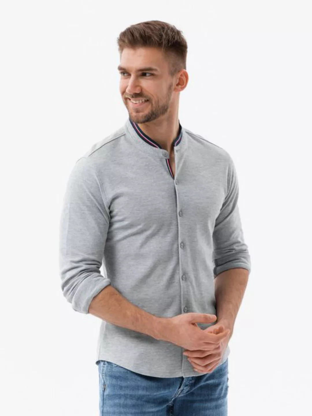 OMBRE Langarmhemd Herrenhemd SLIM FIT aus Baumwolle mit farbigen Stehkragen günstig online kaufen