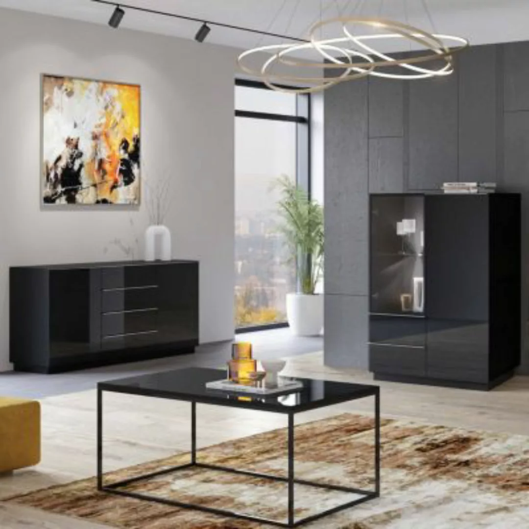 Lomadox Wohnzimmer Möbel Set schwarz HOOVER-83 mit Beleuchtung und Glasfron günstig online kaufen