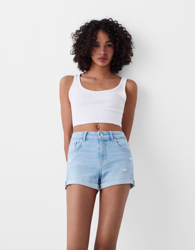 Bershka Jeansshorts Mit Roll-Up Bskteen 36 Hellblau günstig online kaufen