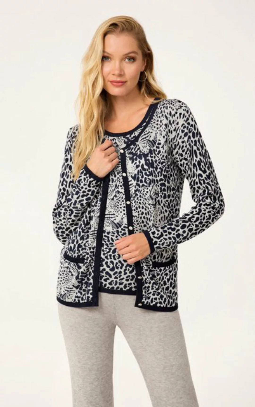 Passioni Cardigan Twinset mit marineblauem und grauem Leopardenmuster günstig online kaufen