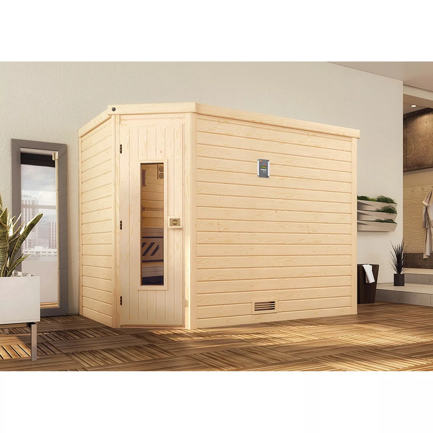 Weka Massivholzsauna Turku 3 HT ohne Ofen Naturbelassen 245 x 195 cm günstig online kaufen