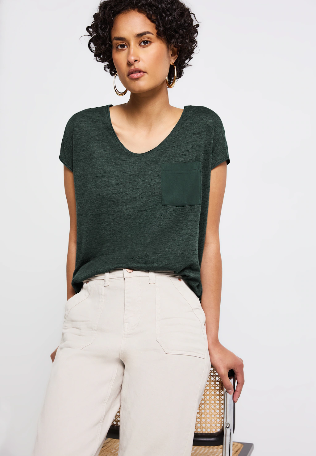 STREET ONE T-Shirt, im Leinen-Look und mit Brusttasche+ö günstig online kaufen