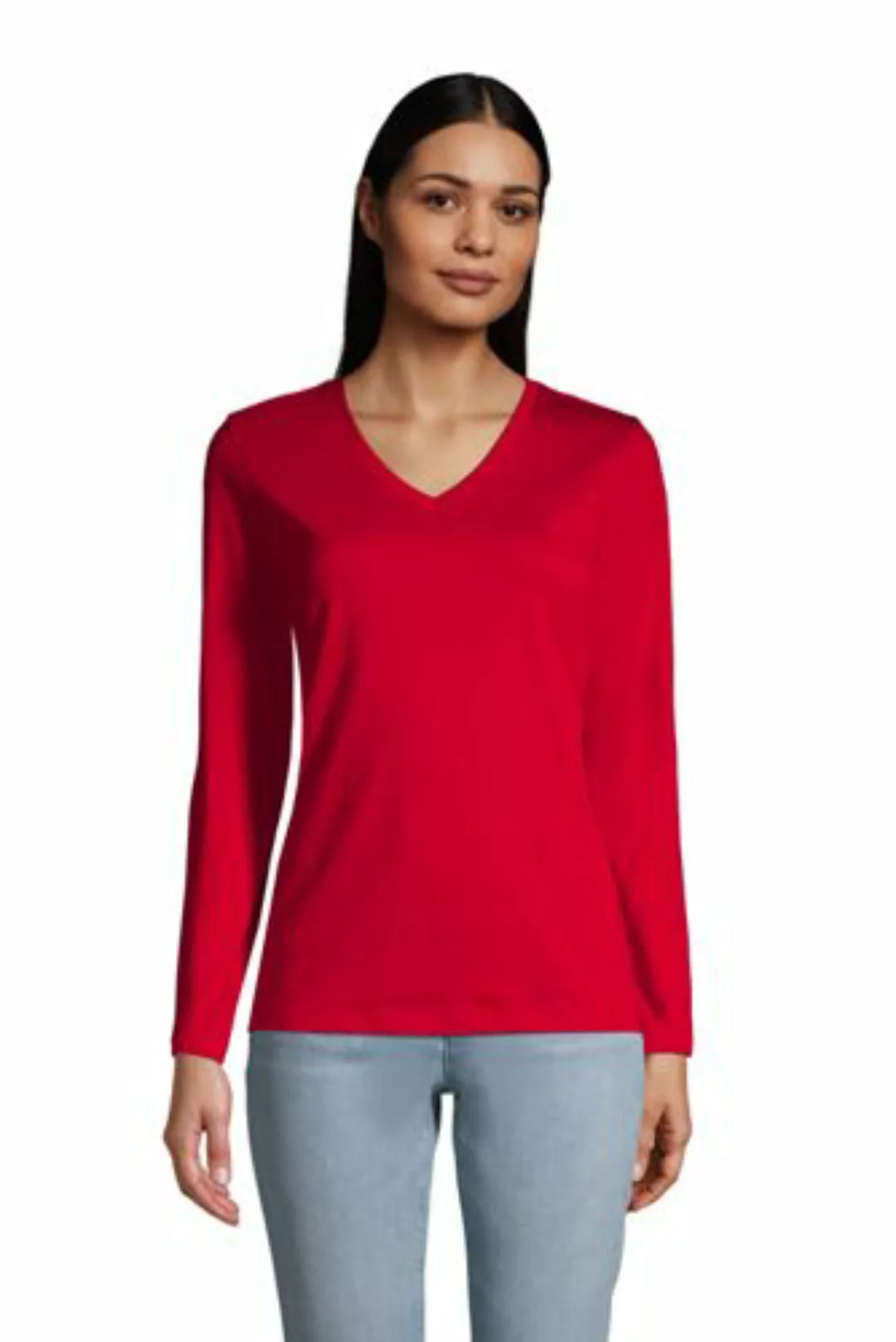 Supima Langarm-Shirt mit V-Ausschnitt, Damen, Größe: M Normal, Rot, Baumwol günstig online kaufen