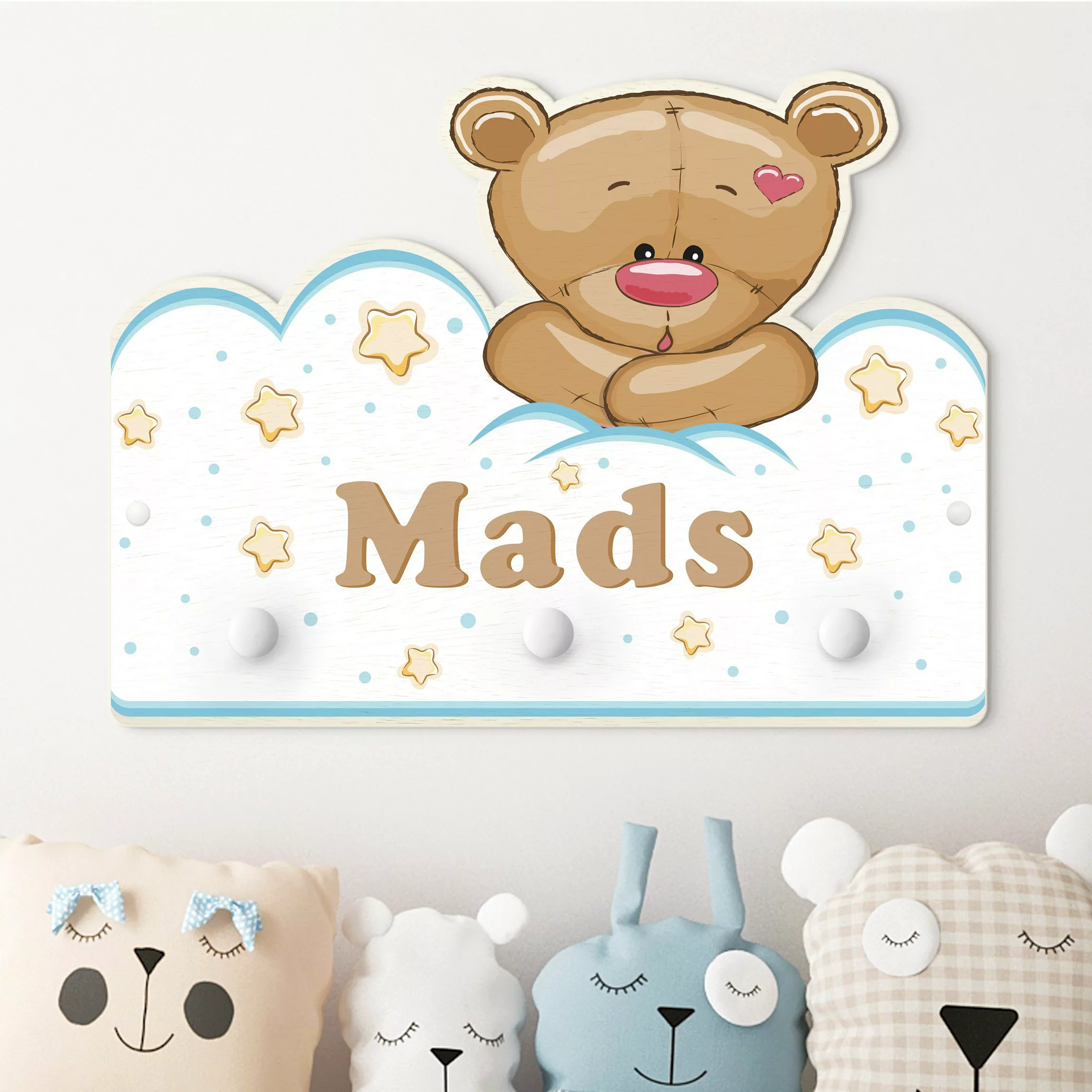 Kindergarderobe Holz mit Namen Wolken Teddy mit Wunschnamen günstig online kaufen