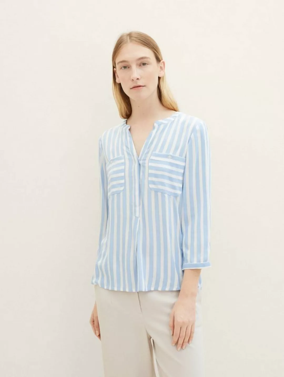 TOM TAILOR Blusenshirt Gestreifte 3/4 Arm Bluse V-Ausschnitt Tunika Shirt 4 günstig online kaufen