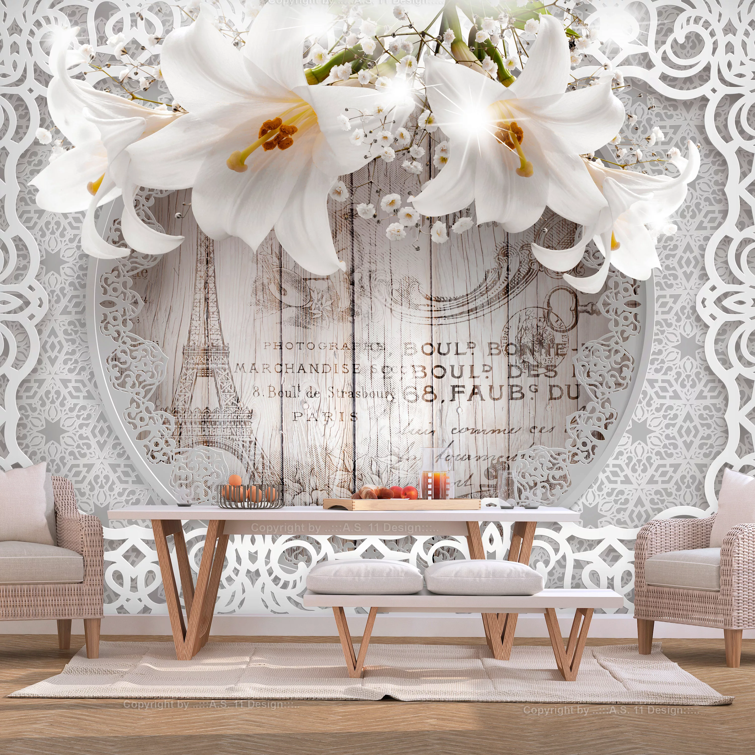 Fototapete - Lilies and Wooden Background günstig online kaufen