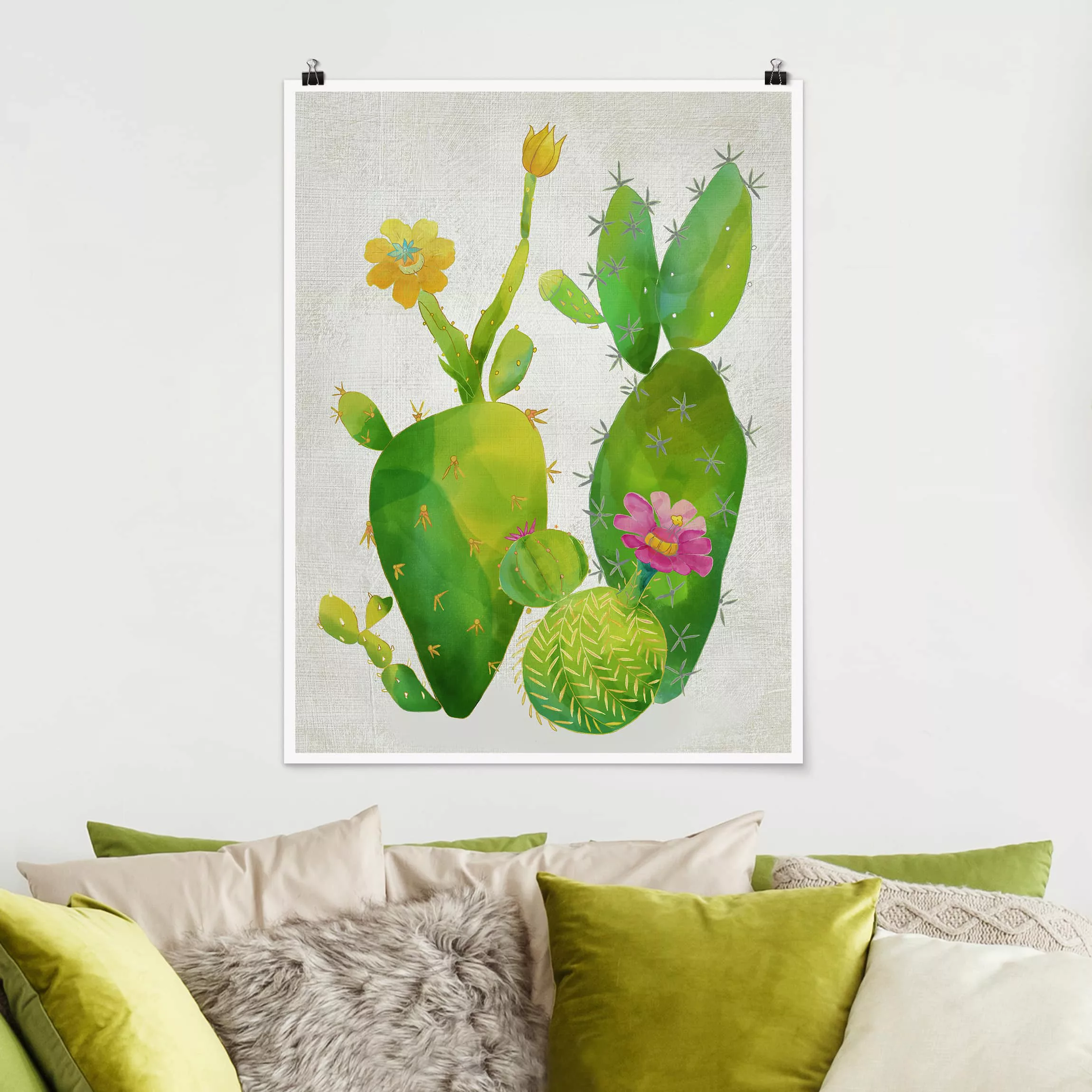 Poster Blumen - Hochformat Kaktusfamilie rosa gelb günstig online kaufen