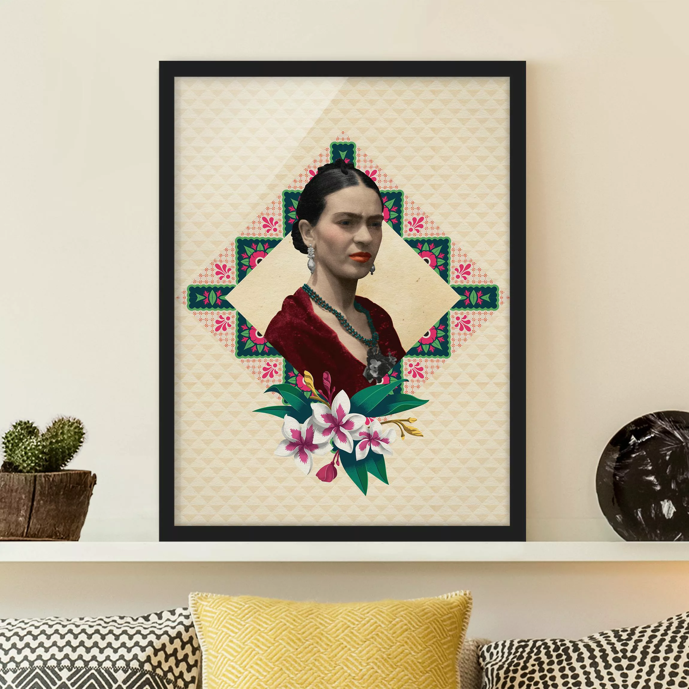 Bild mit Rahmen Kinderzimmer - Hochformat Frida Kahlo - Blumen und Geometri günstig online kaufen