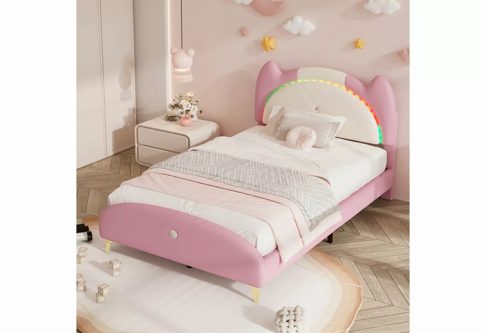 autolock Kinderbett Polsterbett, Kinderbett, LED-Streifen,Beige+Rosa, 90x20 günstig online kaufen