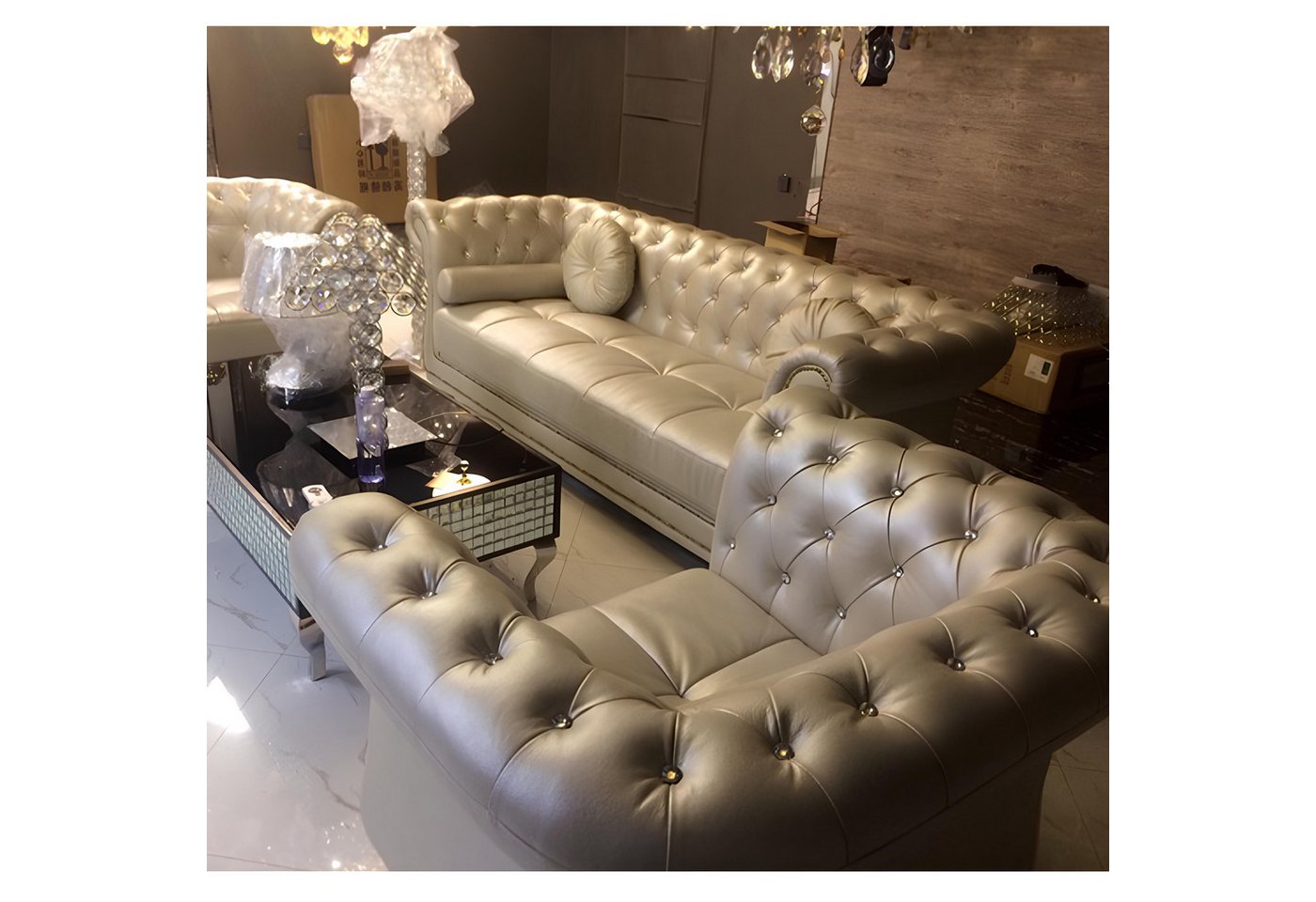 Xlmoebel Sofa Neuheit Silbernes Ledersofa-Set im Design Chesterfield mit 3- günstig online kaufen