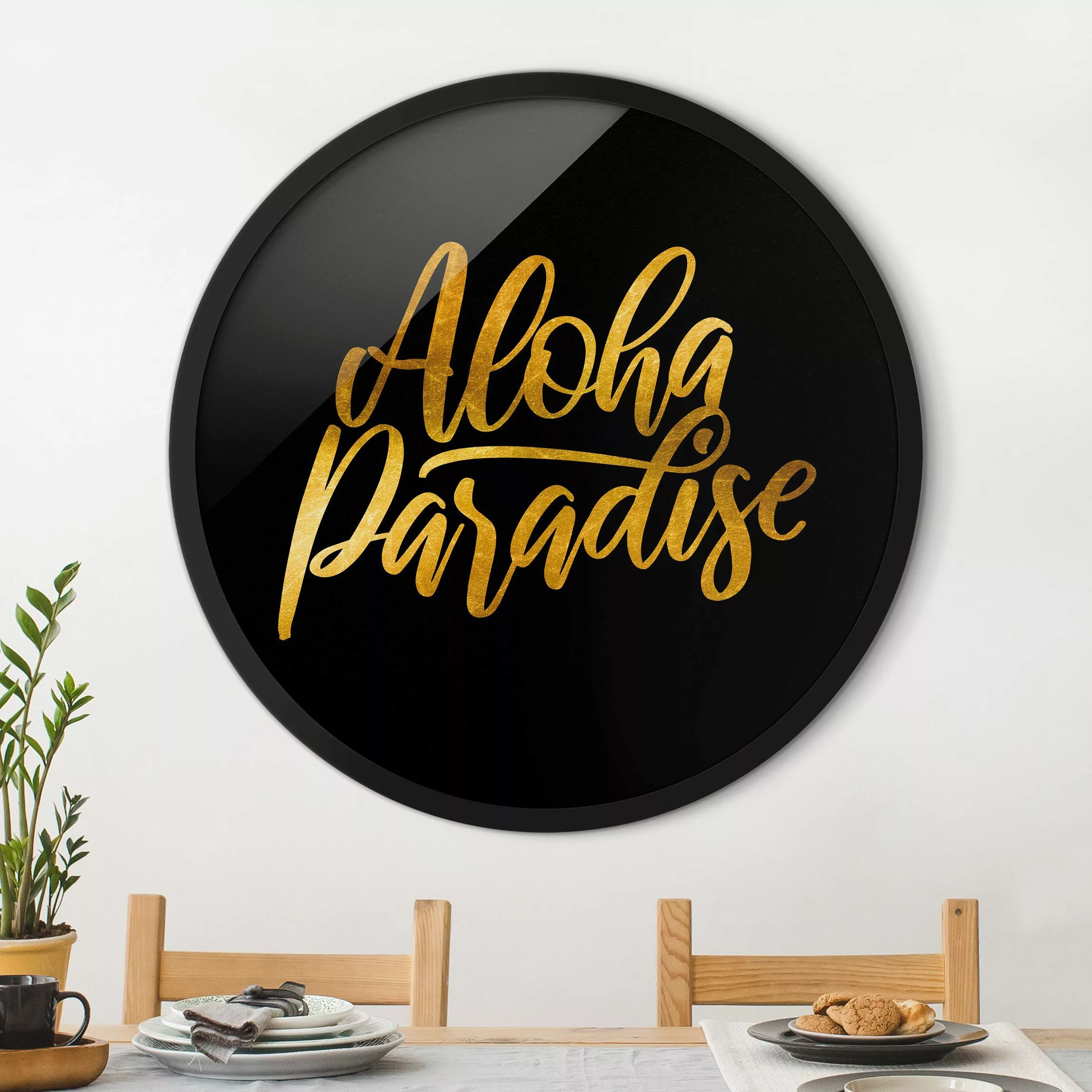 Rundes Gerahmtes Bild Gold - Aloha Paradise auf Schwarz günstig online kaufen