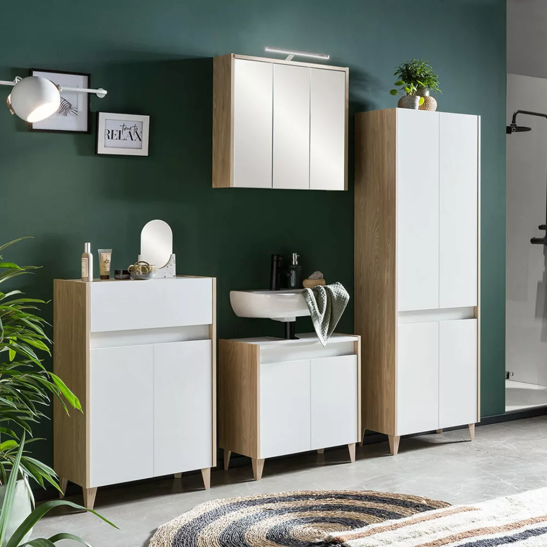 Badezimmer Set mit Spiegelschrank, 4-teilig in weiß mit Eiche hell ESPOO-80 günstig online kaufen