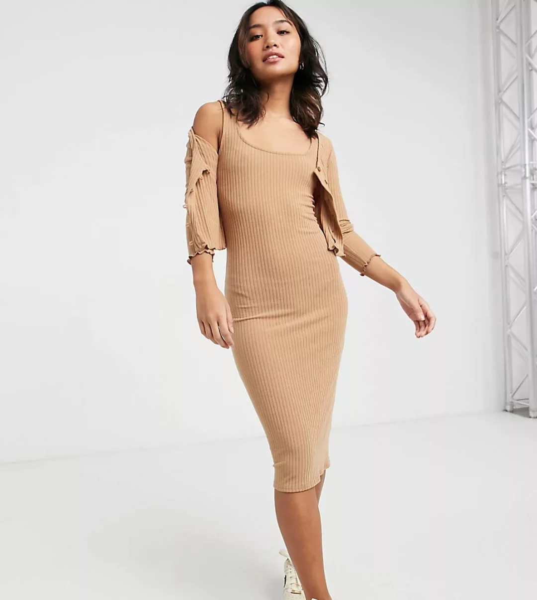 New Look Petite – Set aus geripptem Kleid und Strickjacke in Camel-Braun günstig online kaufen