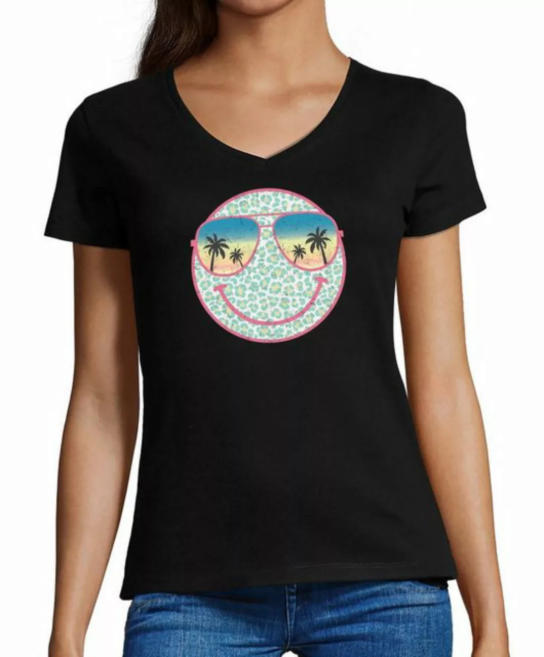 MyDesign24 T-Shirt Damen Smiley Print Shirt - Lächelnder Sommer Smiley V-Au günstig online kaufen