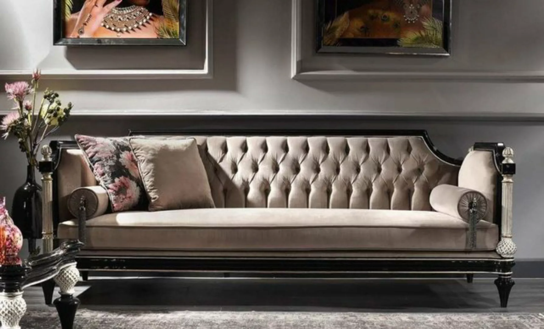 Casa Padrino Sofa Luxus Barock Samt Sofa Beige / Schwarz / Silber / Antik G günstig online kaufen