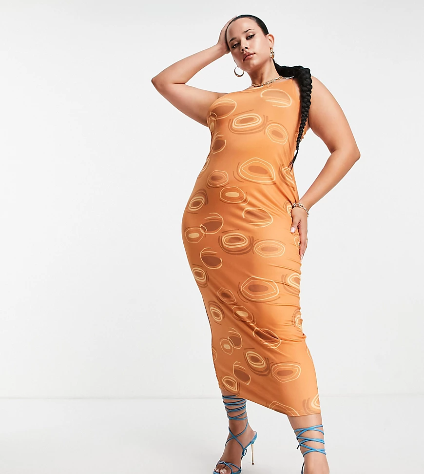 Public Desire Curve – Braun bedrucktes Bodycon-Kleid im Stil der 70er-Mehrf günstig online kaufen
