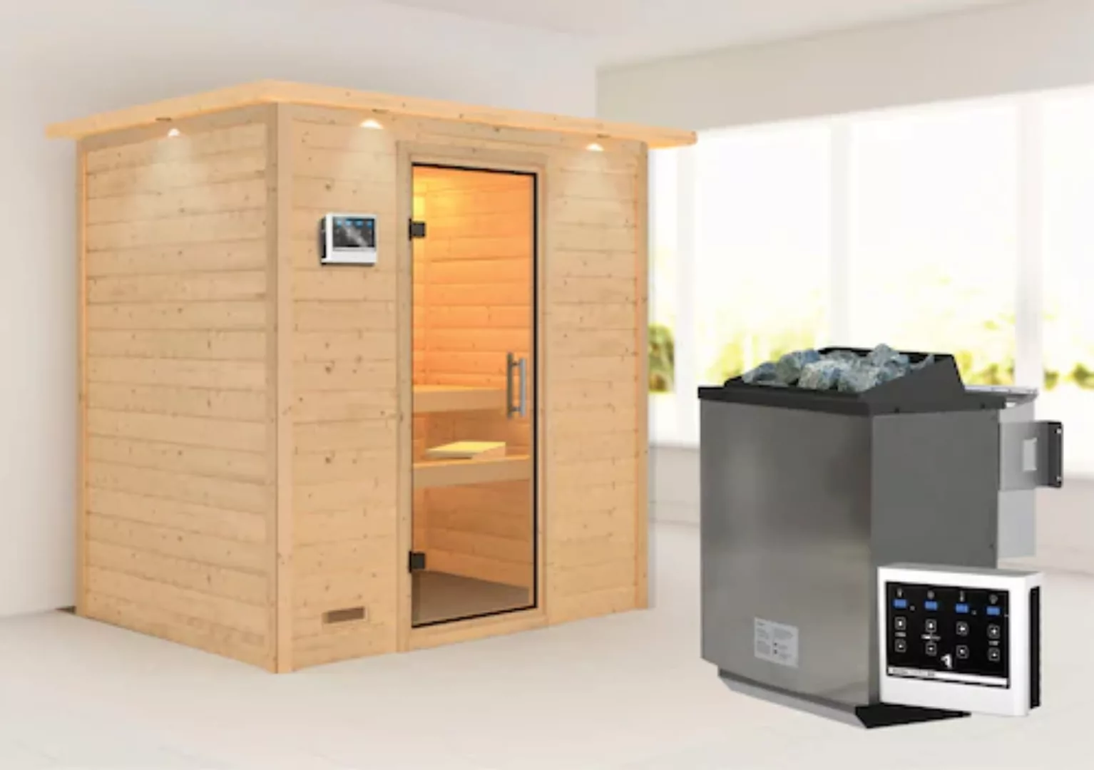 Karibu Sauna »"Sonja" mit Klarglastür und Kranz Ofen 9 kW Bio externe Strg günstig online kaufen