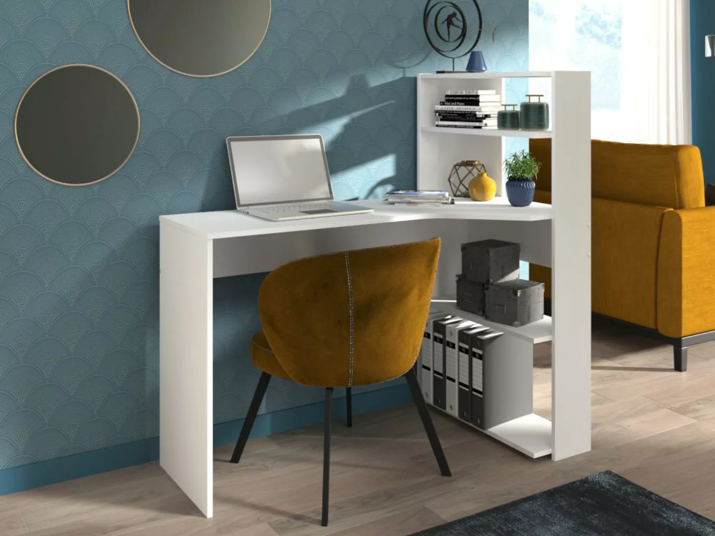 PARISOT Eck-Schreibtisch mit 4 Ablagen - Weiß - DELFINO günstig online kaufen