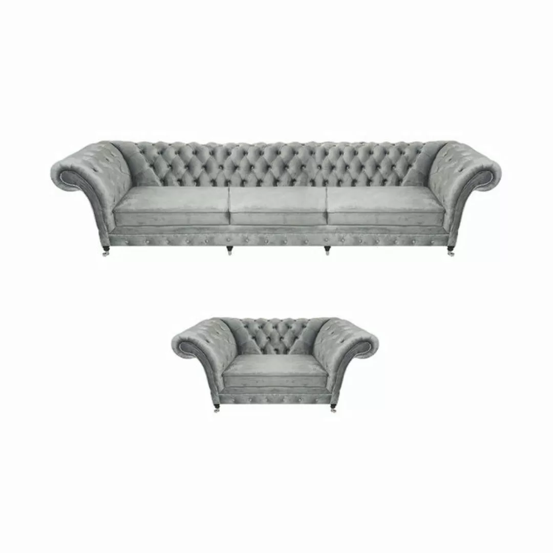 JVmoebel Chesterfield-Sofa Grau Sofa Dreisitze Set Wohnzimmer Sessel Einric günstig online kaufen