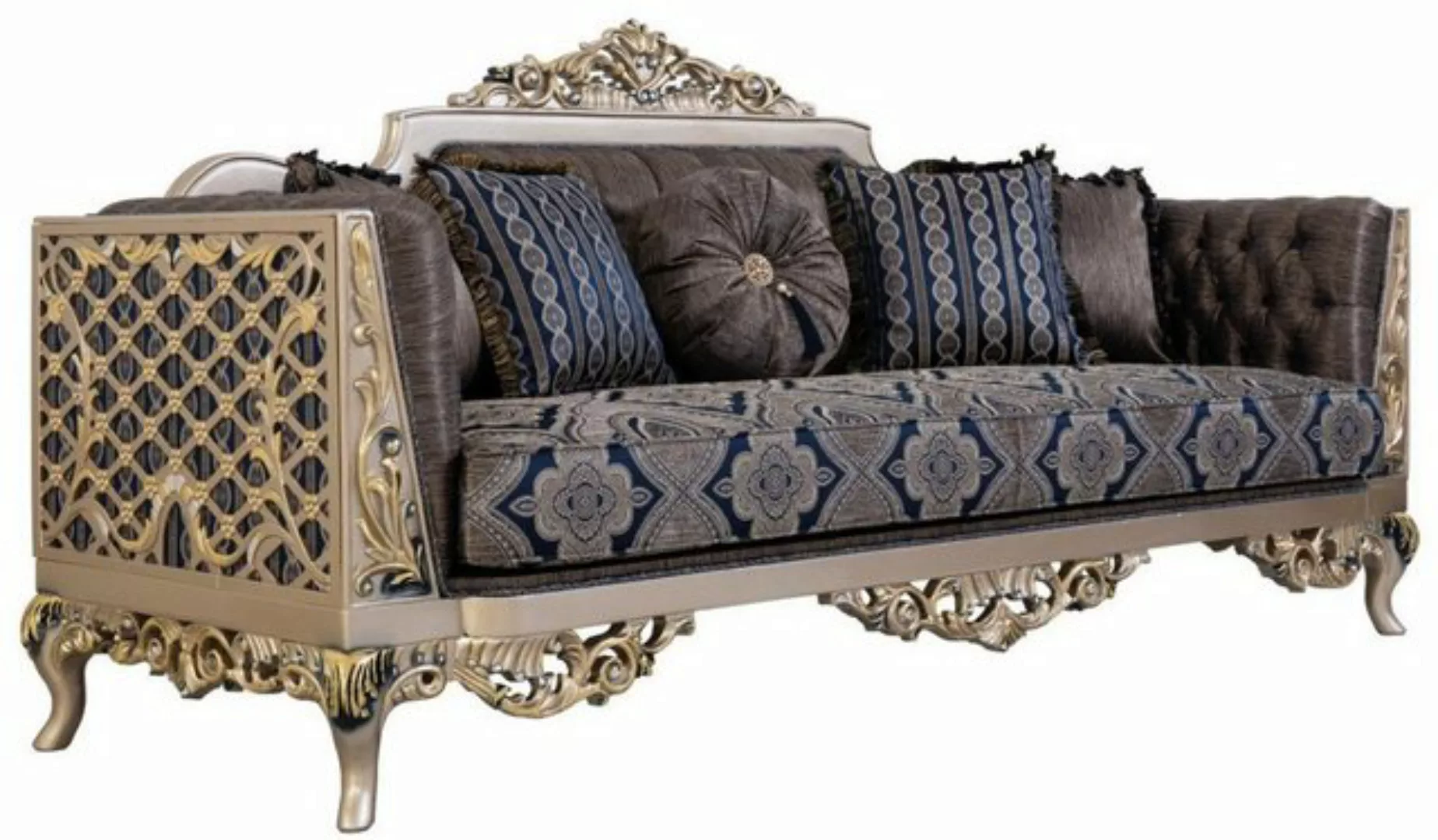 Casa Padrino Sofa Luxus Barock Sofa mit dekorativen Kissen Blau / Silber / günstig online kaufen