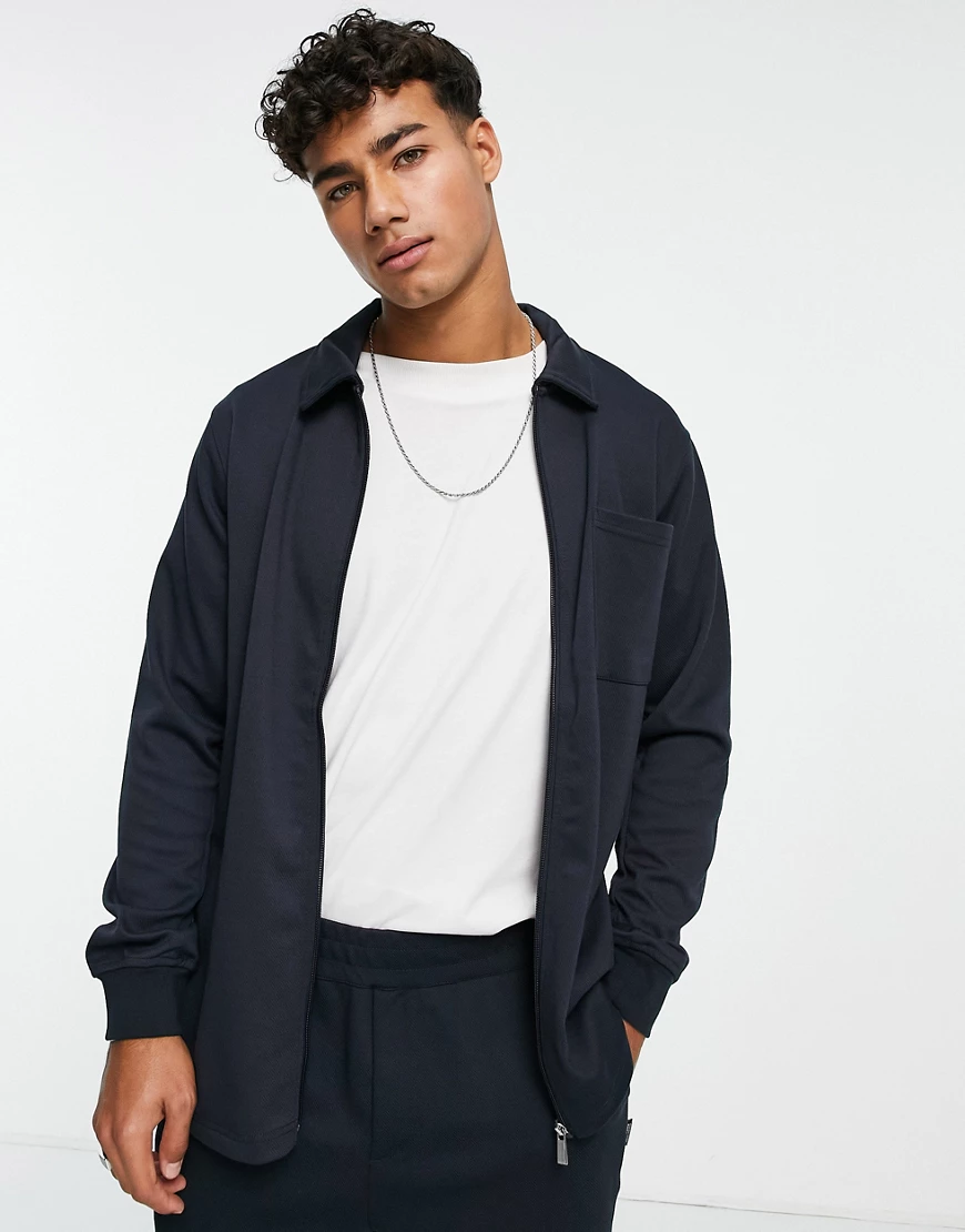 Only & Sons – Jersey-Hemdjacke in Marineblau mit Reißverschluss, Kombiteil günstig online kaufen