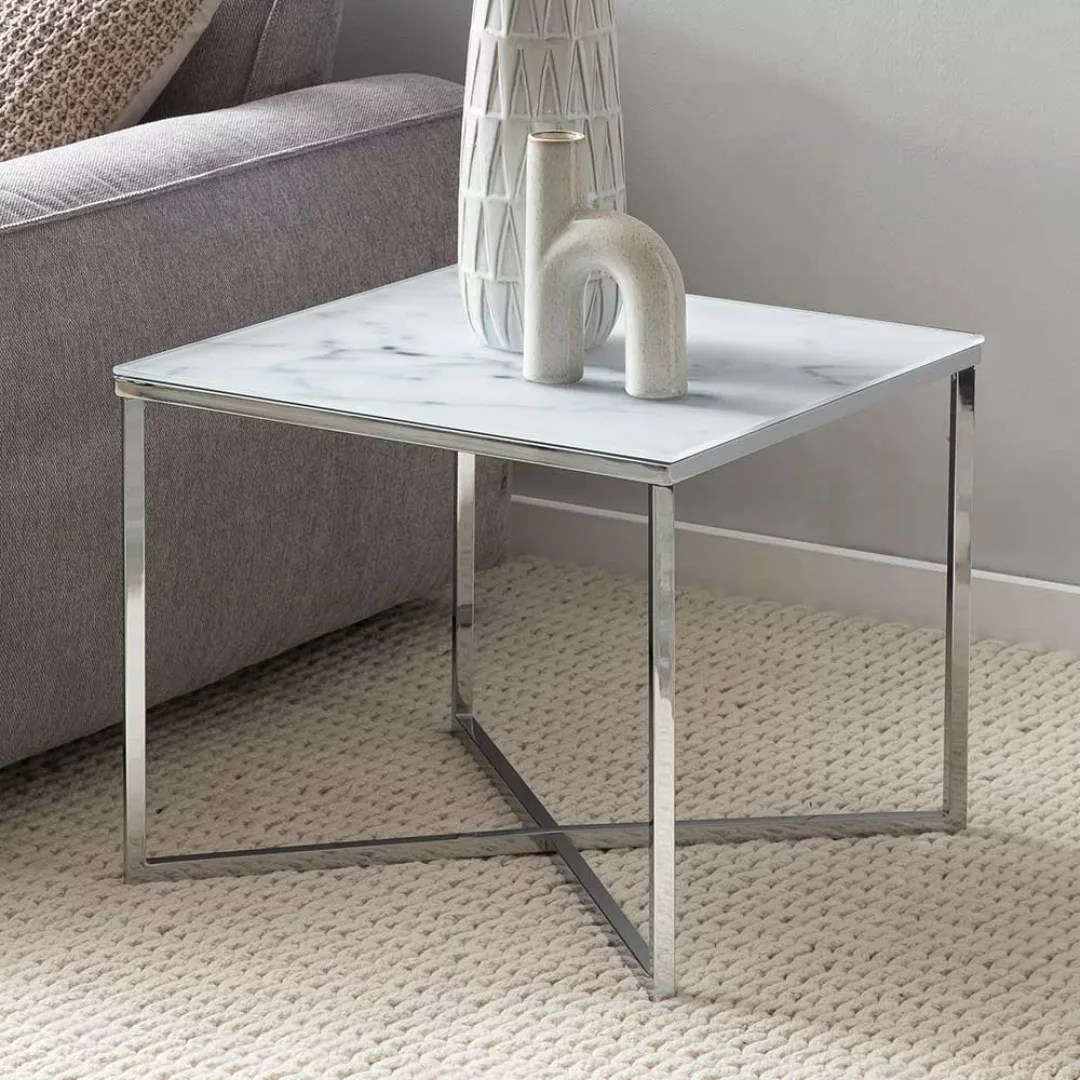 Beistelltisch in Weiß und Chromfarben quadratischer Tischplatte günstig online kaufen
