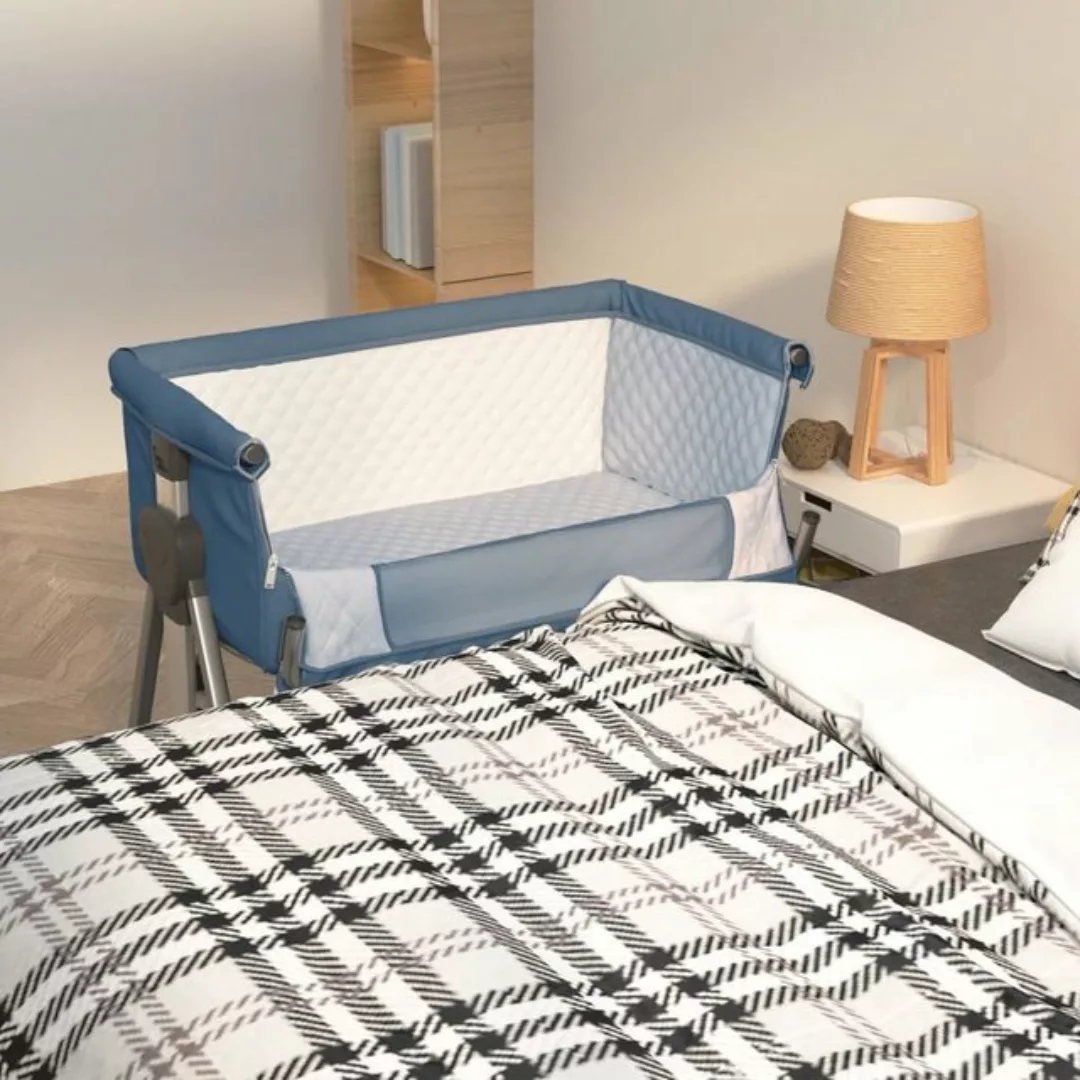 vidaXL Kinderbett Babybett mit Matratze Marineblau Leinenstoff Mobil Reiseb günstig online kaufen