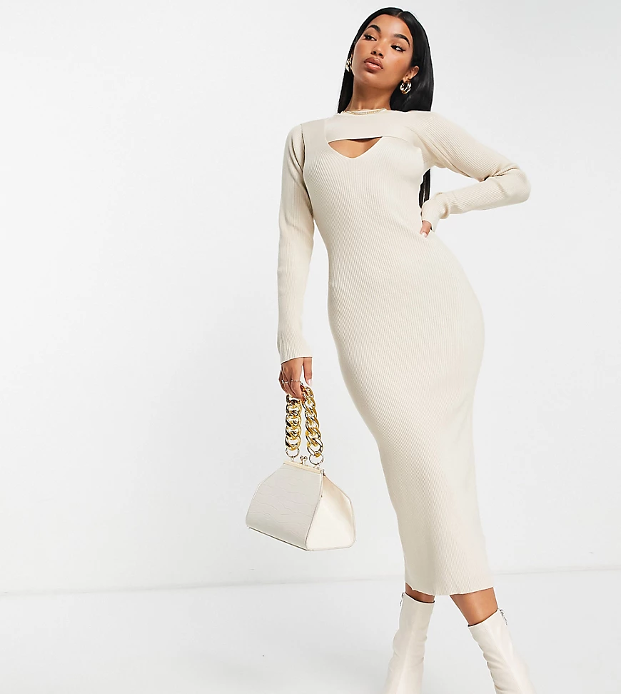 Missguided – Kleid mit Zierausschnitt und Lagenoberteil in Sand-Neutral günstig online kaufen