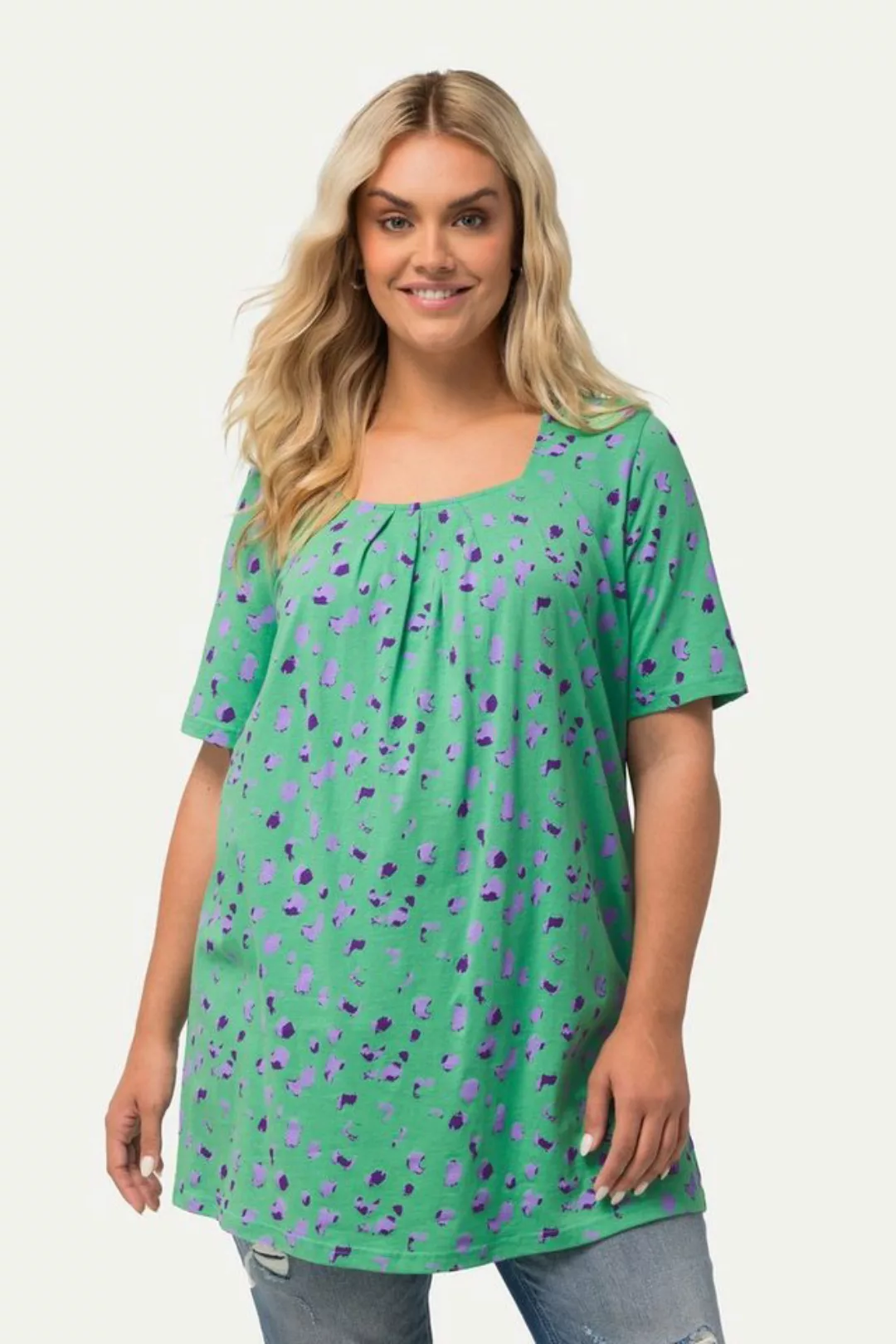 Ulla Popken Rundhalsshirt Longshirt Fleckenmuster Carree-Ausschnitt Halbarm günstig online kaufen