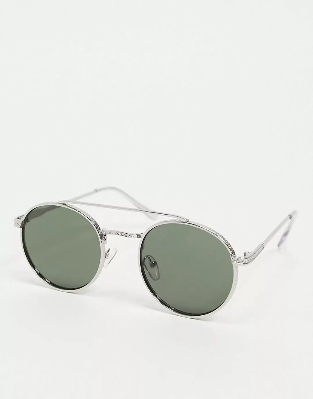 ASOS DESIGN – Runde Metallsonnenbrille mit Brauensteg in Silber und G15-Glä günstig online kaufen