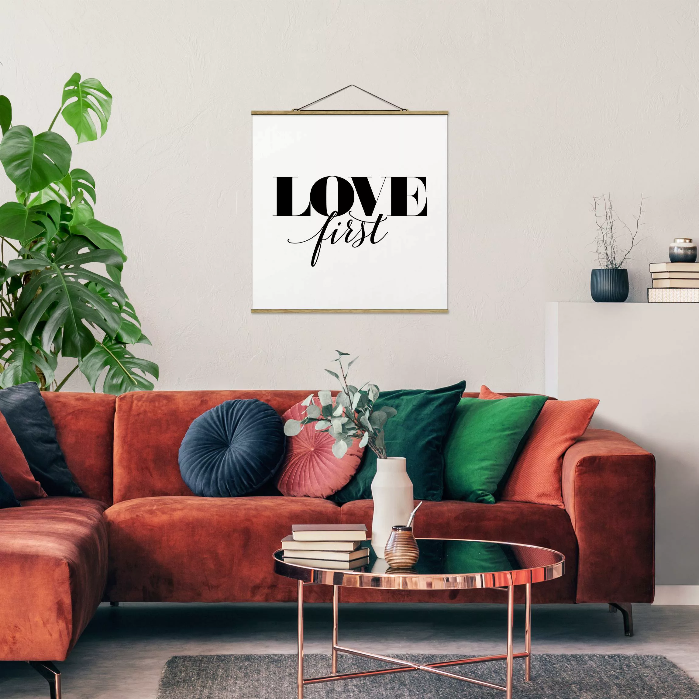 Stoffbild Spruch mit Posterleisten - Quadrat Love first günstig online kaufen