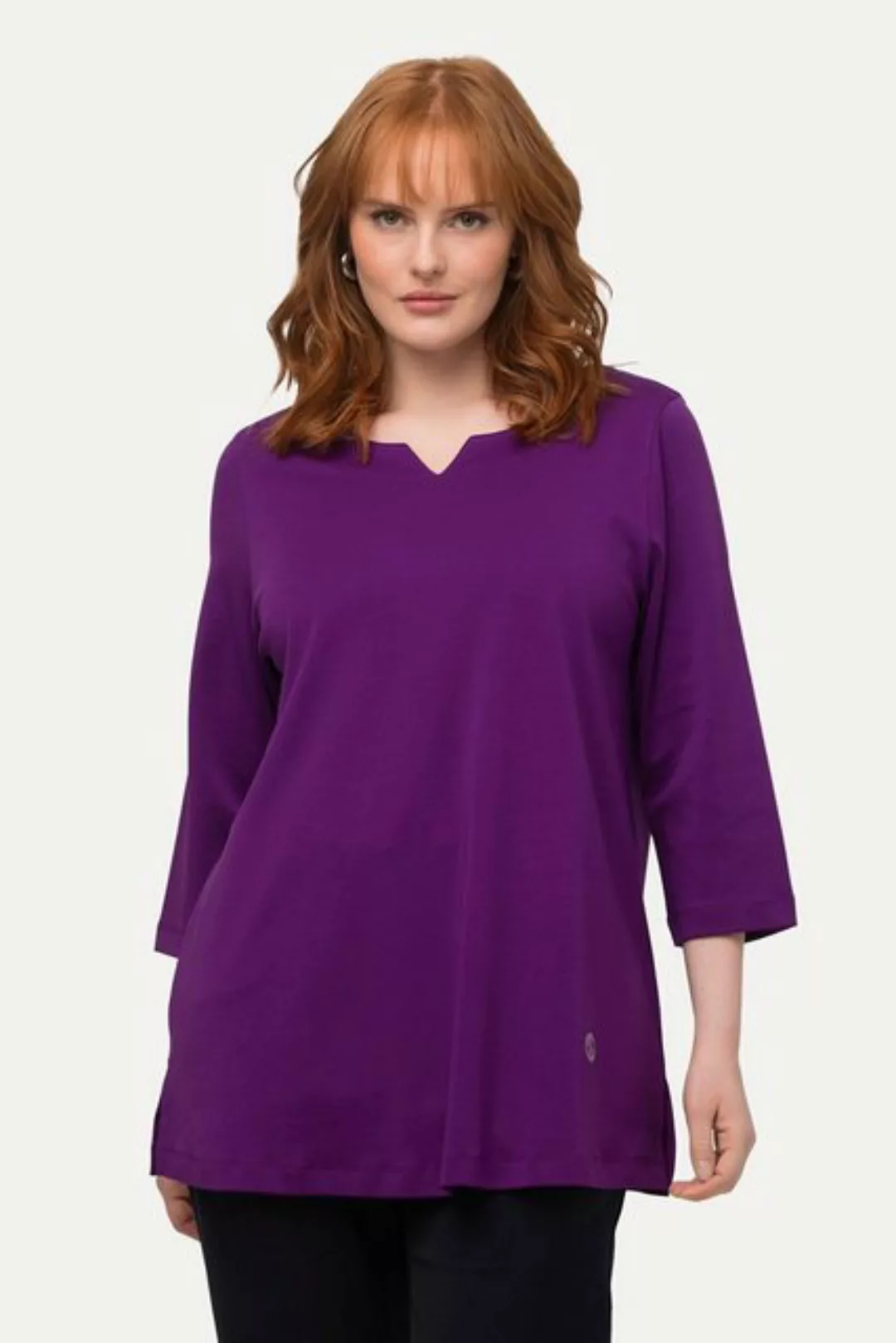 Ulla Popken Rundhalsshirt Shirt Pima Cotton A-Linie V-Ausschnitt 3/4-Arm günstig online kaufen