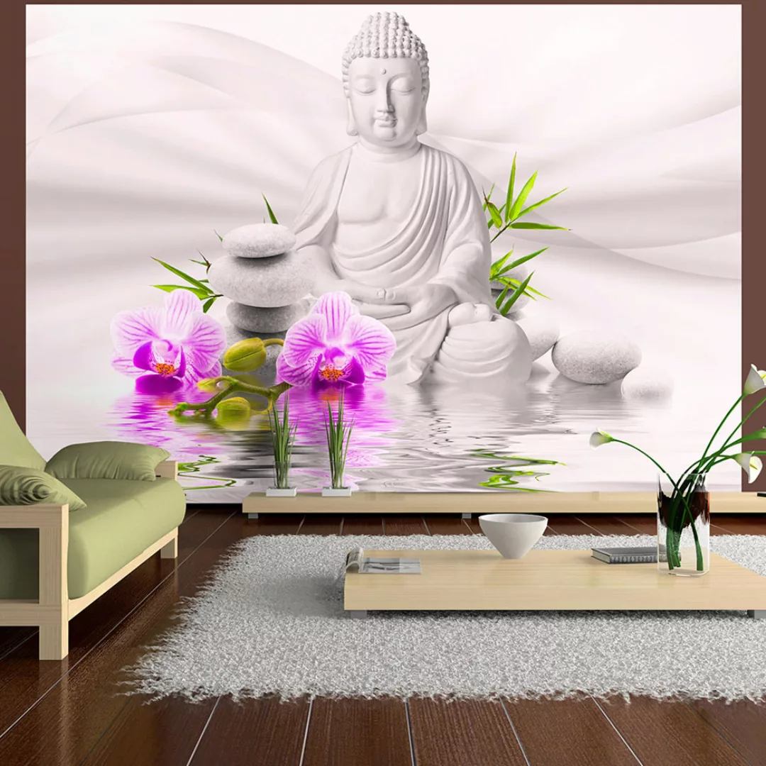 Selbstklebende Fototapete - Buddha And Pink Orchids günstig online kaufen