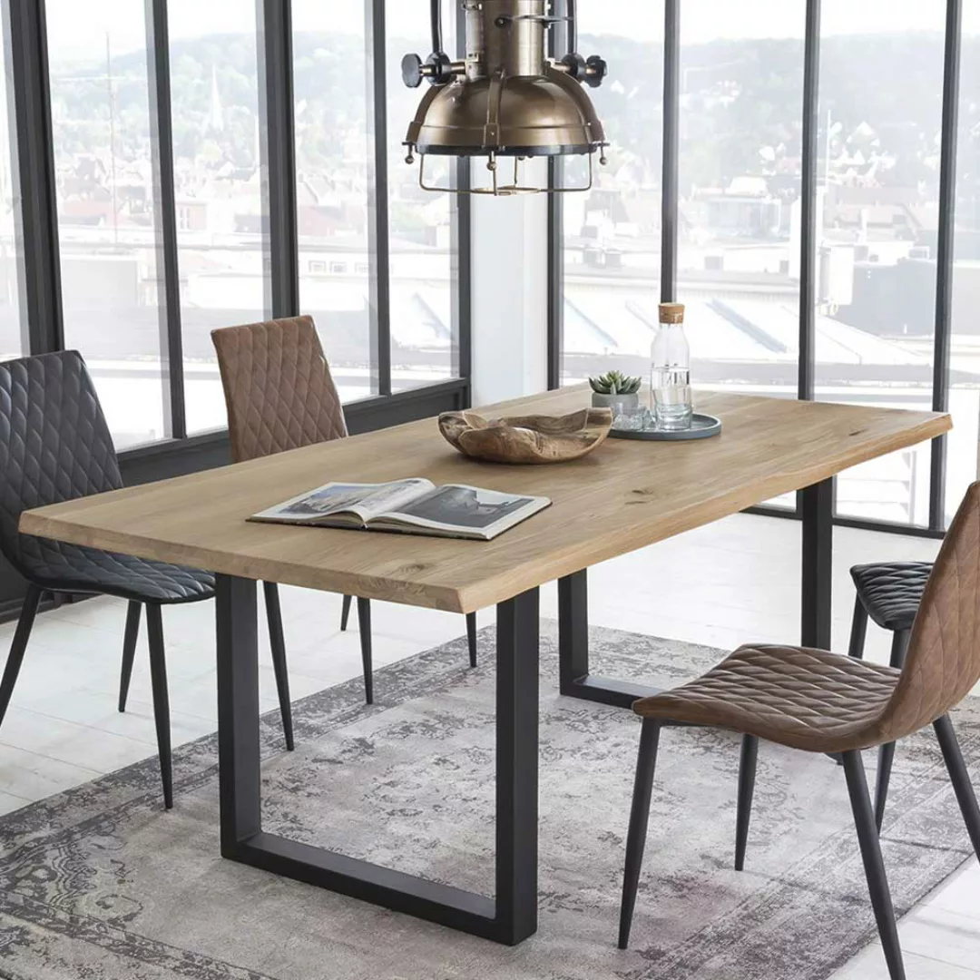 Baumkanten Esstisch aus Wildeiche Massivholz und Stahl Loft Design günstig online kaufen