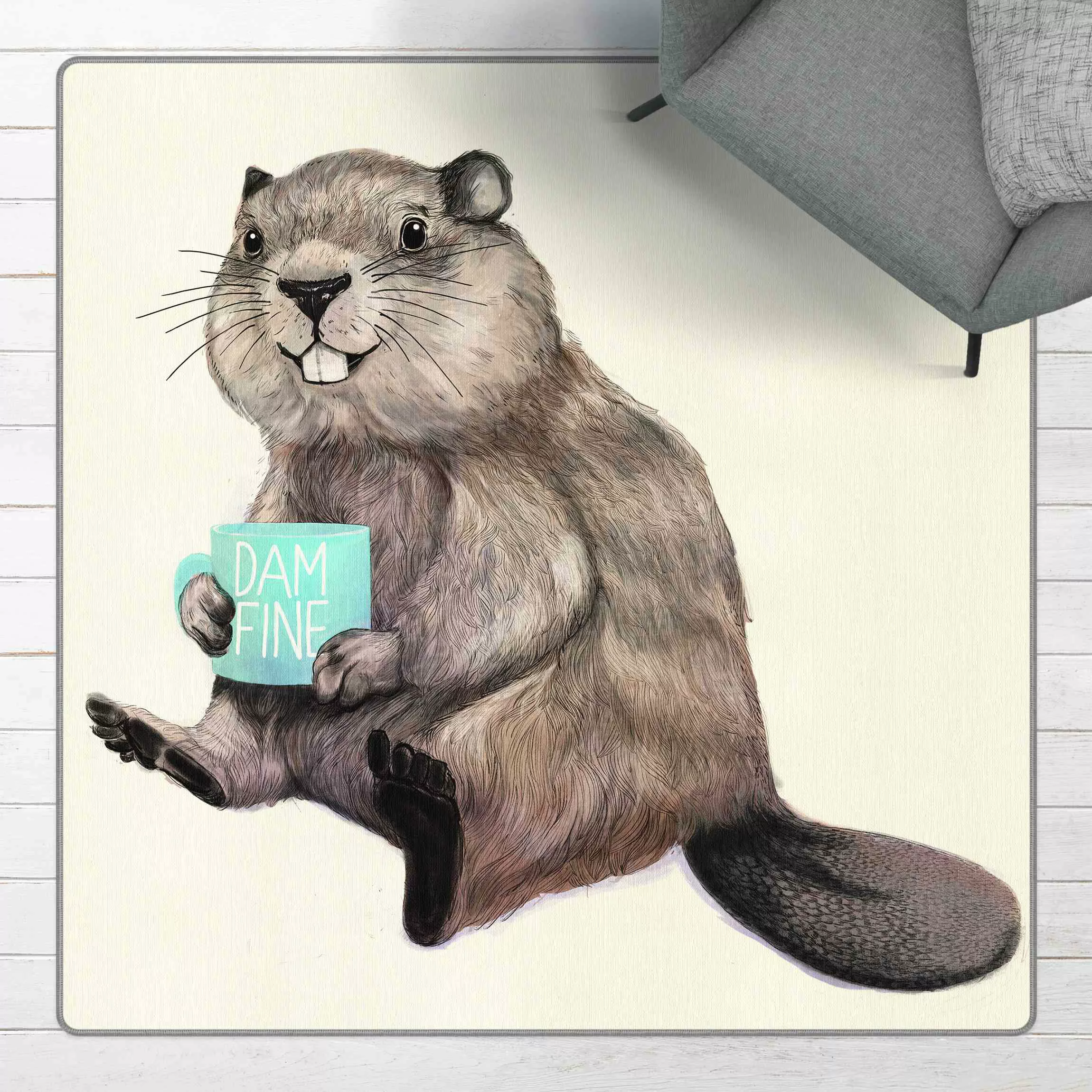 Teppich Illustration Biber mit Kaffeetasse günstig online kaufen