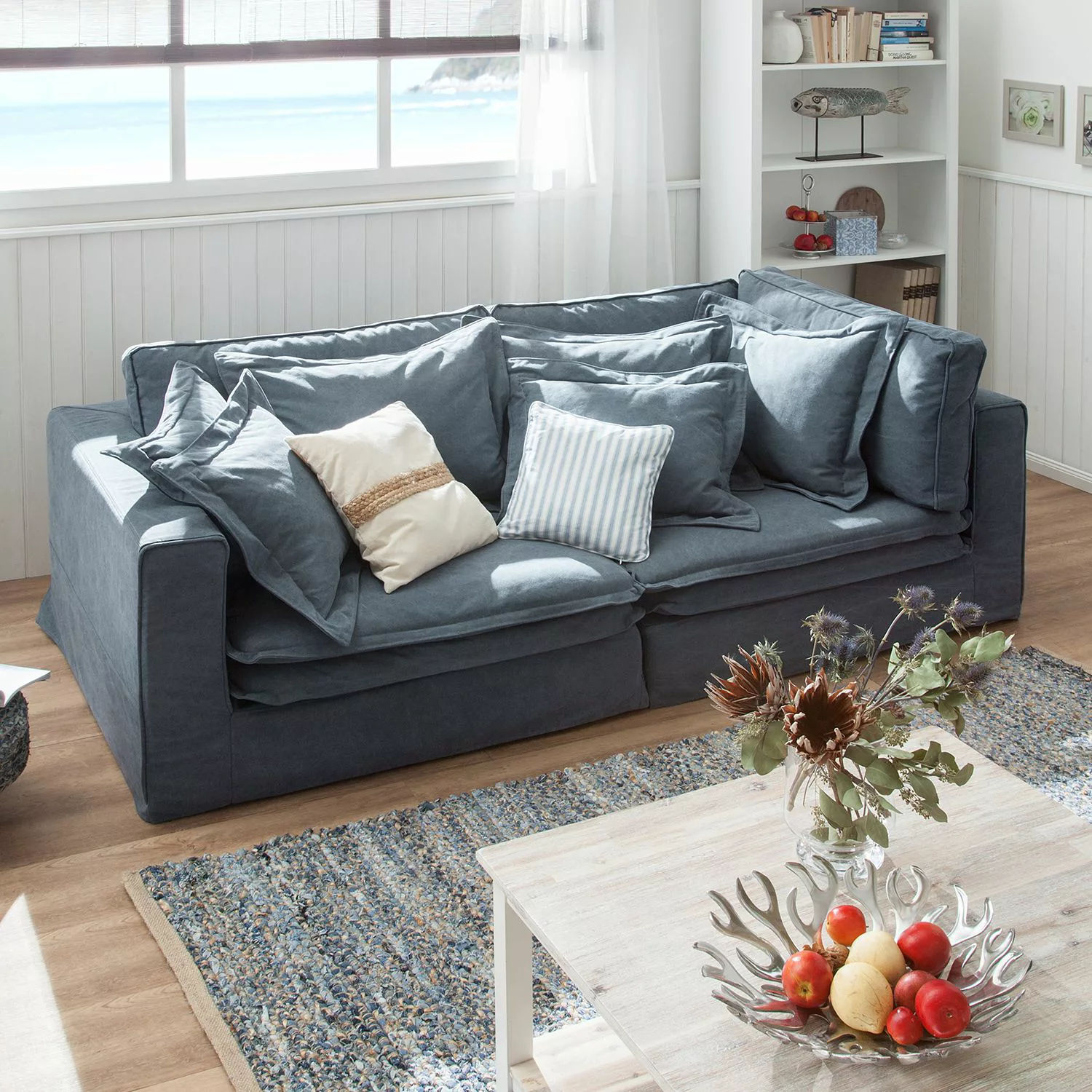 home24 Maison Belfort Sofa Coral Beach 3-Sitzer Blau Webstoff 238x90x117 cm günstig online kaufen