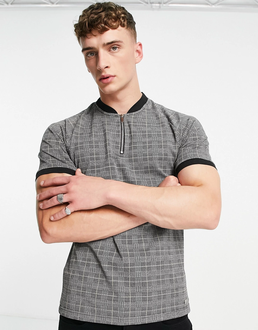 Mauvais – Kariertes T-Shirt in Grau mit Reißverschluss, Kombiteil günstig online kaufen