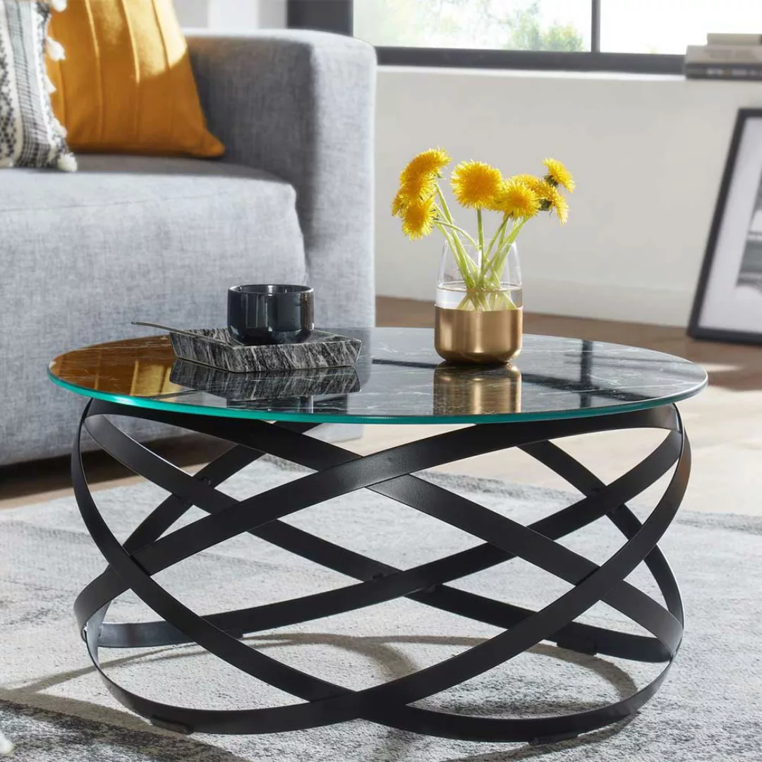 Sofa Tisch rund mit Ringgestell aus Metall Glasplatte günstig online kaufen