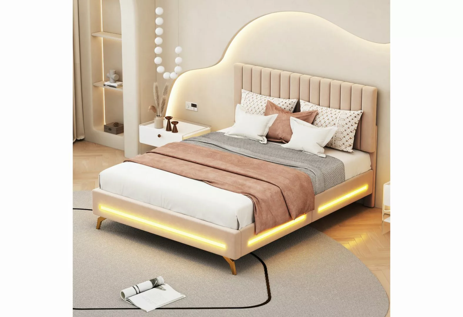 Ulife Polsterbett Doppelbett 140 x 200 cm mit LED-Leuchten, verstellbarem K günstig online kaufen