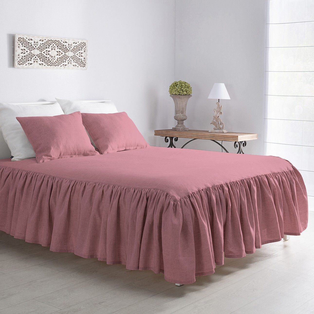 Tagesdecke mit Rüsche Linen Frilly 160x210cm pink, 160 x 210 CM günstig online kaufen