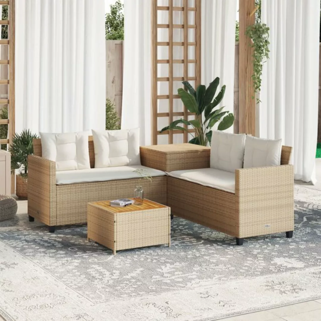 vidaXL Sofa Gartensofa in L-Form mit Tisch und Kissen Beige Poly Rattan günstig online kaufen