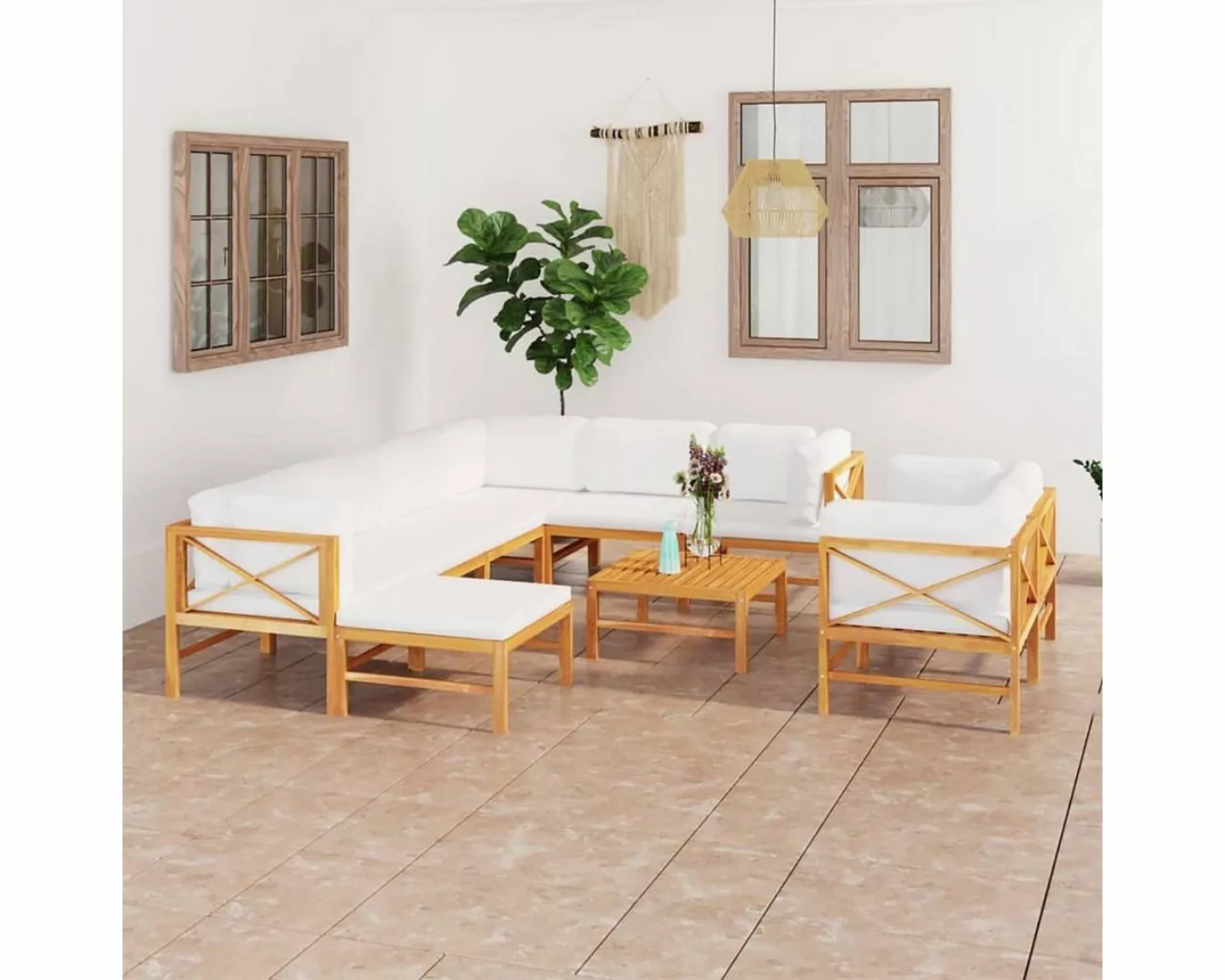 10-tlg. Garten-lounge-set Mit Creme Kissen Massivholz Teak günstig online kaufen