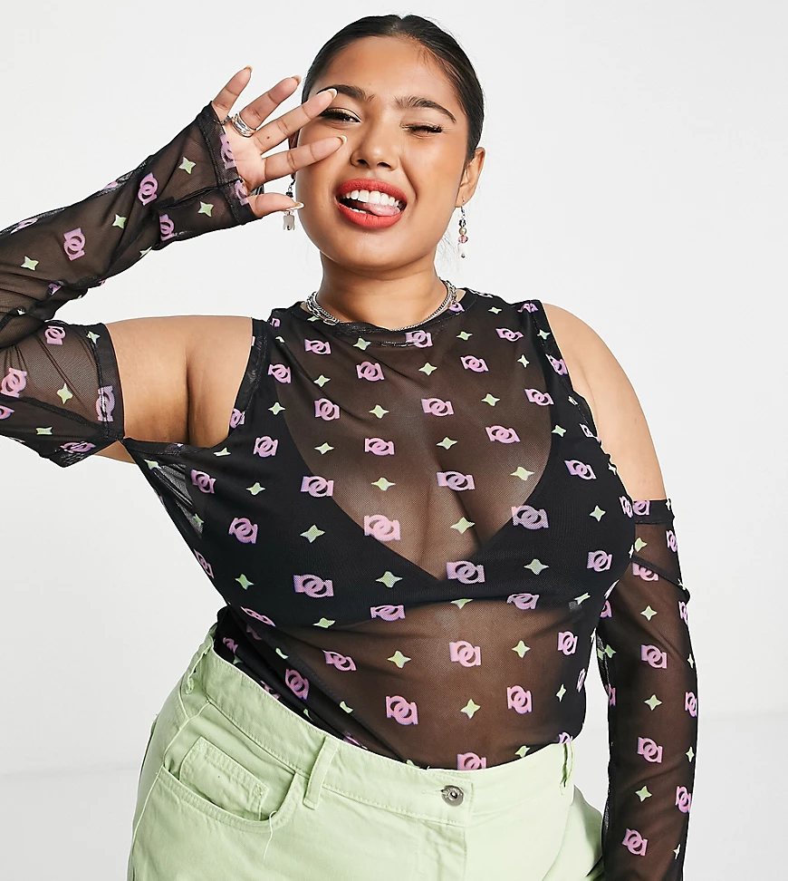 ASOS DESIGN Curve – Oberteil aus Netzstoff mit Zierausschnitten an den Schu günstig online kaufen