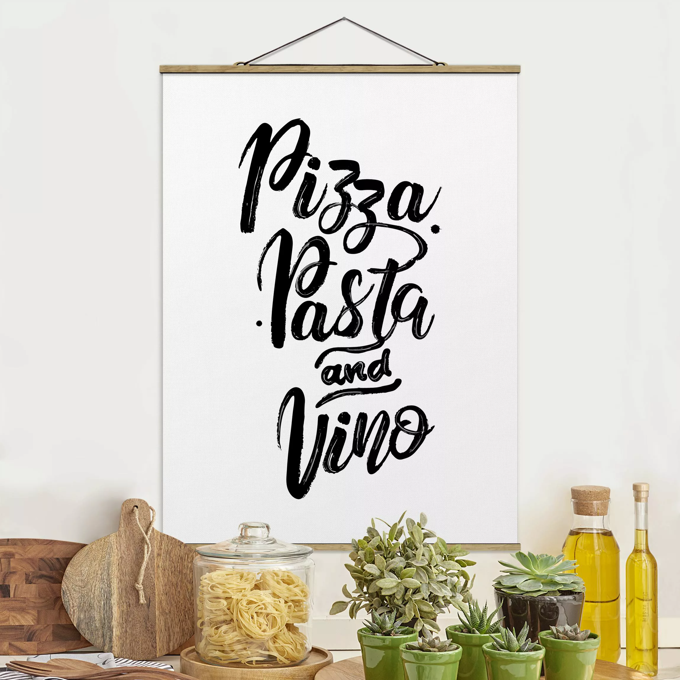 Stoffbild Spruch mit Posterleisten - Hochformat Pizza Pasta und Vino günstig online kaufen