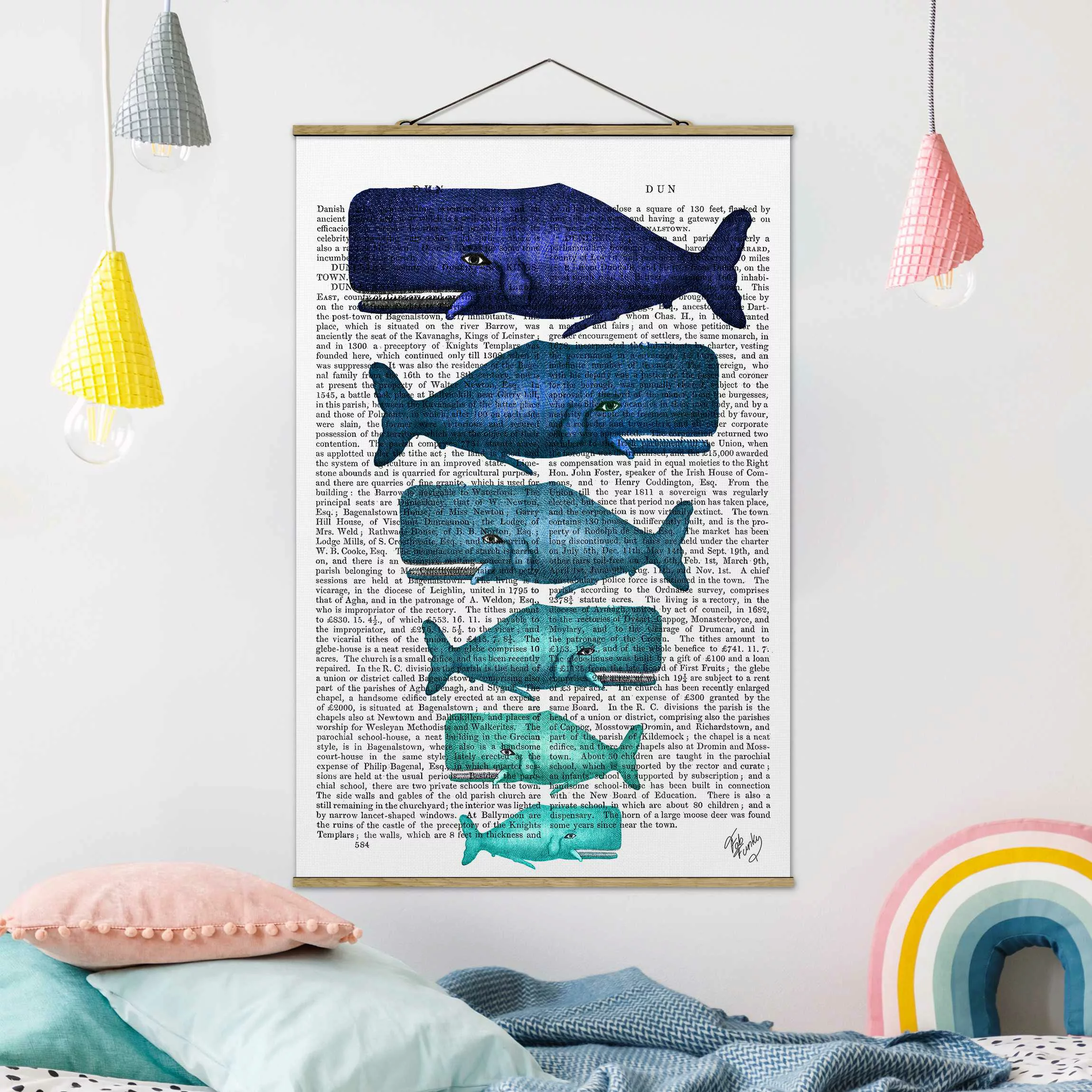 Stoffbild Tiere mit Posterleisten - Hochformat Tierlektüre - Walfamilie günstig online kaufen