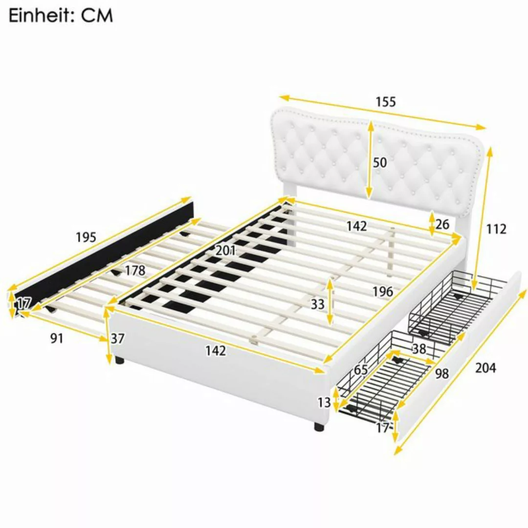 Ulife Polsterbett Doppelbett mit Rollbett und zwei Schubladen, 140*200 cm ( günstig online kaufen